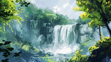 Wall Mural - majestic waterfall cascading over a lush green forest, with a lone tree standing tall in the foregr