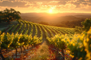 Wall Mural - A summer vineyard field at sunset 