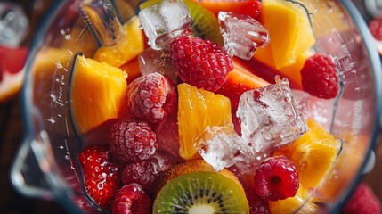 Close-up of a blender filled with a delicious mix of fresh fruits and ice cubes, ready to be blended into a refreshing and hydrating smoothie.