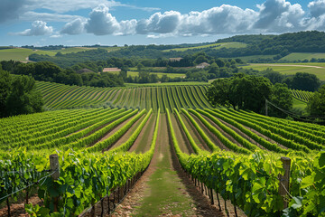 Wall Mural - A summer vineyard field at sunset 