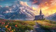 A beautiful church in the mountains surrounded by flowers, with an endless path leading to it, sunset, golden light.