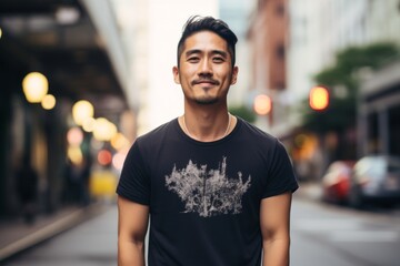 Wall Mural - Portrait of a blissful asian man in his 30s donning a trendy cropped top on vibrant city skyline