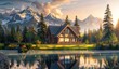 A beautiful cabin in the mountains surrounded by trees and grass near water, a beautiful house with large windows overlooking the lake and snowcapped peaks, sunset light.