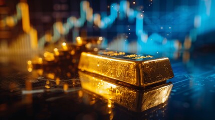 Poster - Close-up of a gold bar on a reflective surface with a graph projecting future gold prices, illustrating speculative investment decisions