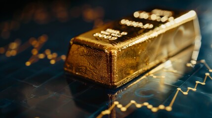 Poster - Close-up of a gold bar on a reflective surface with a graph projecting future gold prices, illustrating speculative investment decisions