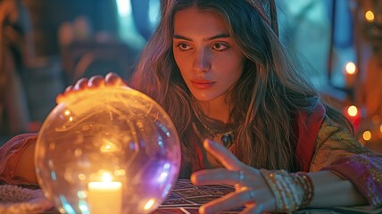 A fortune teller using a lit crystal ball and tarot cards to make predictions about the future.