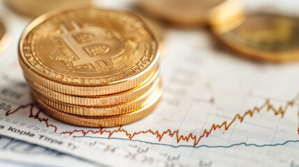 Poster - Close-up of a golden coin stacked on top of financial charts, representing wealth accumulation through gold investment.