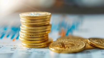 Poster - Close-up of a golden coin stacked on top of financial charts, representing wealth accumulation through gold investment.