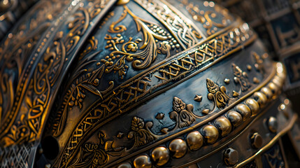 Wall Mural - A detailed close-up of a Persian warrior's helmet, adorned with decorative motifs. Epic shot.


