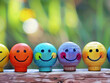 Multicolored wooden balls with smiles on their faces. Natural background with blurs.
