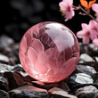 A hyper-realistic image of a gleaming pink crystal ball, radiating subtle light, set against a light black, almost charcoal background