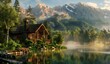  A beautiful cabin in the mountains surrounded by trees and misty lake