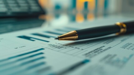 Aufkleber - Close-up of a pen analyzing details on a financial report with a business graph in the background, illustrating thorough examination and analysis.