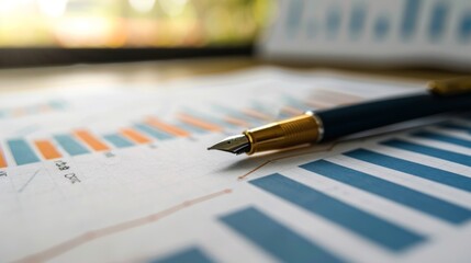 Aufkleber - Close-up of a pen analyzing details on a financial report with a business graph in the background, illustrating thorough examination and analysis.