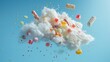 Bright explosion of confectionery with an assortment of sweets and candies including marmalade, gummy bears and hard candies suspended in the air on a transparent blue gradient background