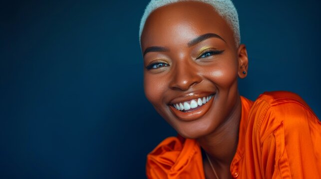 On a grey studio background, beauty, selfie, black woman smiling, profile photo, and freedom. Portrait of happy, confident, or fashionable woman on social media