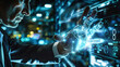 © Anoo - A man in a sleek suit engaging with a futuristic digital interface, showcasing a dynamic interaction between humanity and artificial intelligence