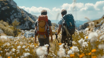 couple hiking on mountain, hill, or countryside in france with wildflowers. man and lady with rucksa