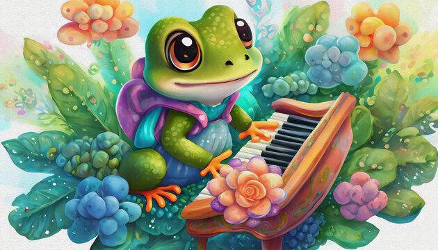 oil painting style CARTOON CHARACTER CUTE baby frog playing piano isolated on white background, top view. side front