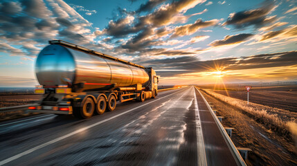 Wall Mural - A massive fuel tanker truck speeds down the highway, transporting petroleum products to various destinations