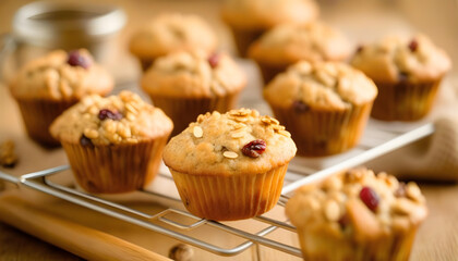 Wall Mural - A close-up of homemade oatmeal granola muffins on a wooden background