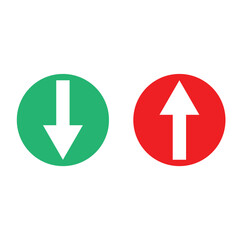 Simple up and down arrows. Upward, downward arrows in green and red isolated on white background, set of two. Flat style eps 10 vector illustration.