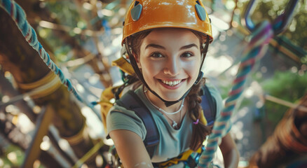 Wall Mural - Cute girl smiling and wearing a helmet, climbing on a rope in an adventure park. Concept of a family activity, outdoor sport or trekking activities for kids.