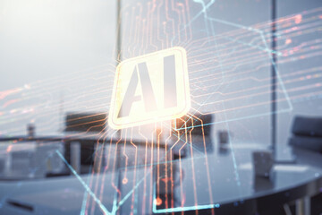 Wall Mural - double exposure of creative artificial intelligence icon on a modern meeting room background. neural