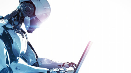 A futuristic robot sitting in front of a laptop computer, using artificial intelligence to code and program