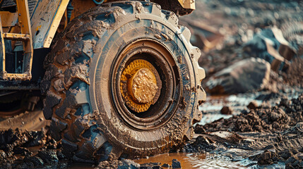 Wall Mural - A giant truck with huge wheels bravely navigates through a muddy construction site, leaving deep tracks in its wake