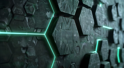 Wall Mural - a wall of hexagonal shapes with neon green lighting. the wall is made of concrete and he is a part o