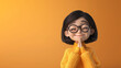 © GulArt - 3d girl character with short black hairs, closed eyes joined hand together on isolated yellow background with space for copy