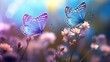 Close-up macro of two butterflies hovering in a field of wild, light blue flowers in the outdoors environment. Enchanting creative rendering. with blue and purple undertones