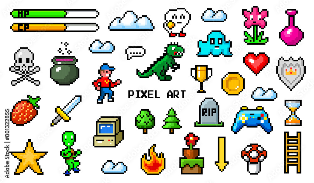 Pixel art 8 bit objects. Retro game assets. Set of icons. Vintage ...
