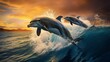 Dolphins having fun as they leap over breaking waves. Hawaii's Pacific Ocean animal landscape. marine life in its native environment