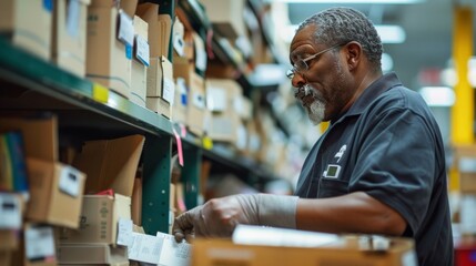 A postal worker sorting mail in a local post office