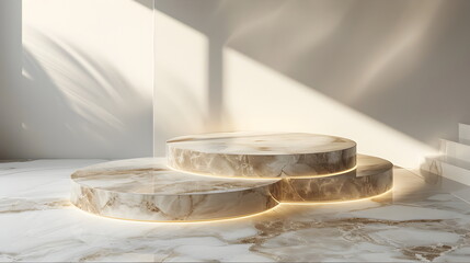 2 stacks mockup of Luxurious circular podium, glossy gold marble, ambient soft lighting, against a sleek, minimalist white space, essence of sophistication