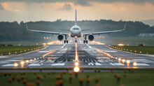 Commercial Airplane On A Runway, Illuminated By The Setting Sun, Preparing For Takeoff, With The Runway Lights Vividly Marking The Path.