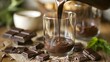Pouring Milk Chocolate into a Glass for a Valentine's Day Celebration. Concept Food Photography, Valentine's Day, Chocolate Pouring, Milk and Chocolate, Celebratory Drink