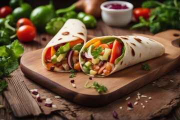 'tortilla wrap vegetables enclosed burrito bread corn vegetarian meal lettuce pea red onion green mexican diet taco fajita vegetable tomatoes healthy bean lunch sandwich cookery basil fresh rustic'
