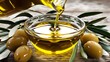 Golden Olive Oil Being Poured into Glass Bowl with Olives and Leaves. Concept Food Photography, Olive Oil, Glass Bowl, Fresh Olives, Greenery