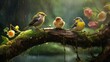 Rainy summer garden with adorable birds and chicks perched on a branch in a natural panoramic photo