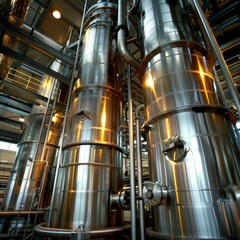 Wall Mural - Distillation Towers: A real photo shot of distillation towers at work, where crude oil is separated into various components based on boiling