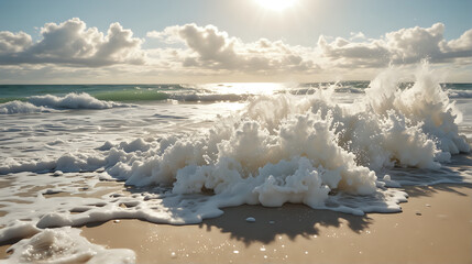 Wall Mural - a dynamic seascape with foamy waves crashing onto the shore under a sunny sky dotted with fluffy clouds