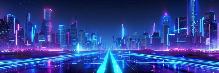 Wall Mural - Big city street at night with neon lights that glow blue and purple, perspective view, panoramic skyline of buildings and homes, vector-illuminated urbanism, and horizontal banner