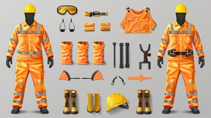 Professional work wear and uniform set, vector isolated illustration. Realistic protective coverall with reflective stripes, t-shirt, boots, safety goggles and yellow helmet.