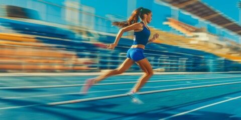 Wall Mural - Woman, motion blur or running on stadium track for fitness training, race, marathon, or competition. Fast-moving sportsperson or energy cardio athlete