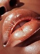 © MeSSrro - A close up of a woman face showing her lips with red pink glossy lipstick and white teeth and soft brown skin.