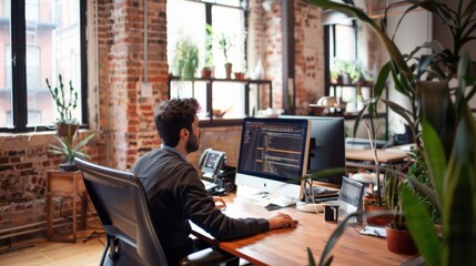 Wall Mural - a software developer coding in a trendy tech startup office