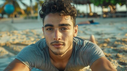 Wall Mural - Exercise, stretching, and a young man on the beach starting a health routine. A confident young athlete warms up by the water or sea.